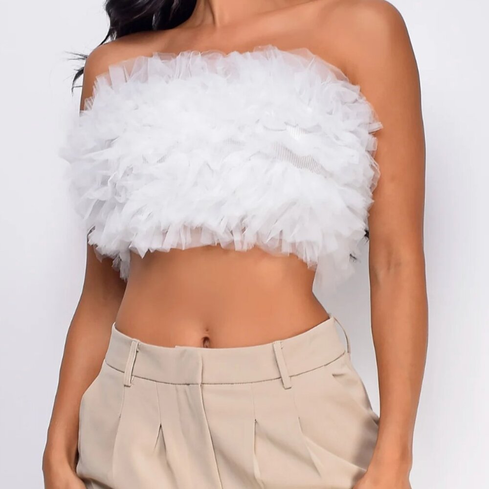 White Mesh Tulle Crop Tube Top Bridal Wedding Attire (LARGE)